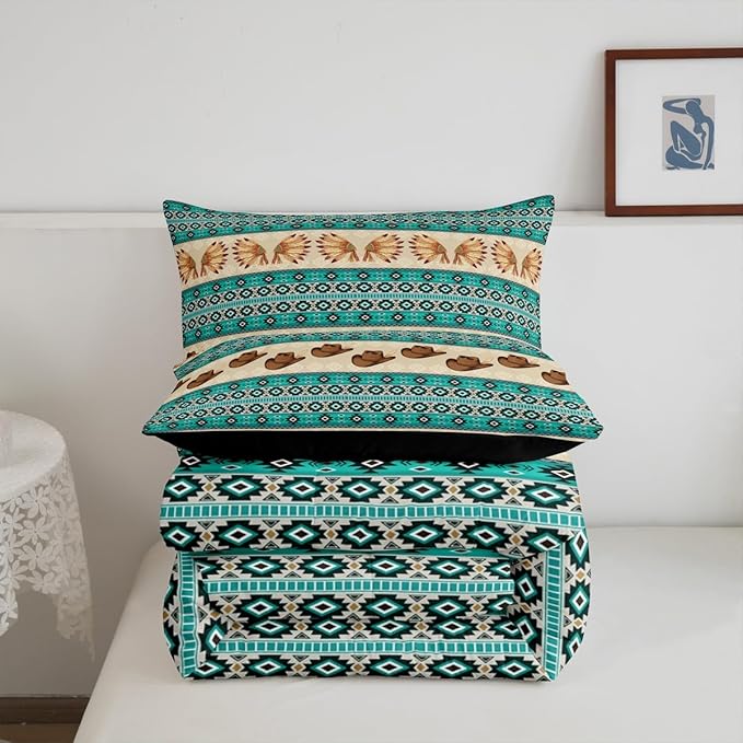 Feelyou Yellow Green Western Decor Bedding Set Southwestern Comforter Set Room Decor Cowboy Hat Feather Print Wild Western Cowboy Geometric Comforter Toddler Size Tribal Duvet Set 2Pcs