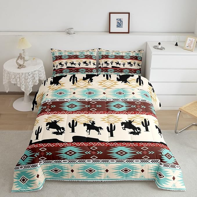 Feelyou Boho Comforter Set Queen Size Horses Comforter Southwestern Native Aztec Bedding Set Farmhouse Wildlife Duvet Set Room Decor Beige Blue Quilt Set
