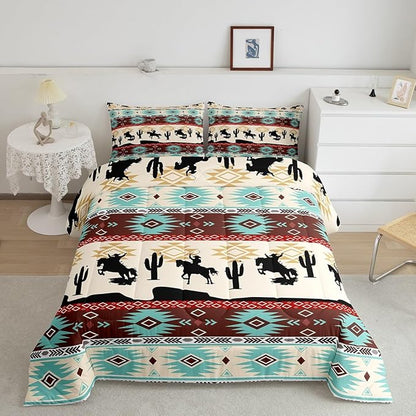 Feelyou Boho Comforter Set Queen Size Horses Comforter Southwestern Native Aztec Bedding Set Farmhouse Wildlife Duvet Set Room Decor Beige Blue Quilt Set