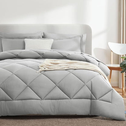 CozyLux Oversized King Comforter Set Light Grey, 7 Pieces Bed in a Bag Comforter Set with Sheets, All Season Bedding Set with Down Alternative Comforter, Sheets, Pillowcases & Shams