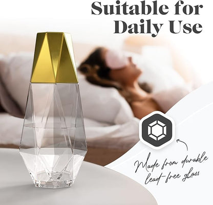 American Atelier 37 oz Fifth Avenue Modern Geometric Bedside Water Carafe with Tumbler Lid – 9" Glass Pitcher with Gold Accent for Nightstand, Guest Room & Office Drinkware (Gold)