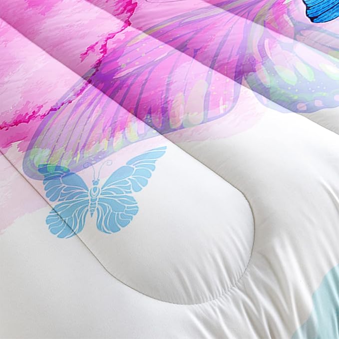 HOSIMA Butterfly Comforter Set,Pink Butterfly Comforter Full Size for Girls Kids Women Bedroom Decor,Color Ink and Colorful Butterfly Pattern Bedding Set Full Size,Butterfly Bed Set for Girls.