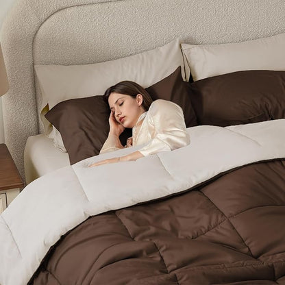 Anluoer King Comforter Set,Brown&Beige Bed in a Bag 7 Piece,Lightweight Bedding Set with Soft Down Alternative Fill,Bed Set Includes Comforter, Fitted Sheet, Flat Sheet,Pillowcases and Shams