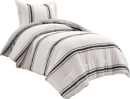 Lush Decor Farmhouse Stripe Reversible Cotton Comforter Set, 2-Piece, Twin XL Black - Twin Bedding Set - Dorm Decor - Striped Comforter for Farmhouse Bedroom Decor