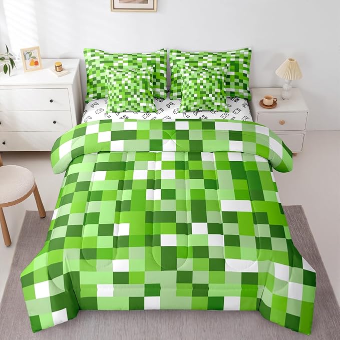 Castle Fairy Pixel Style Games 7 Piece Comforter & Sheet Sets King Size,Miner Theme Bedding Set Light Green Block Bed in a Bag Building Gaming Flat & Fitted Sheets,4 Pillow Covers
