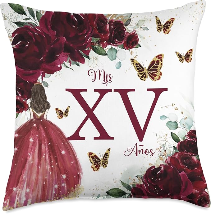 Chic Rich Burgundy Floral Quinceañera Mis XV 15 Años Throw Pillow
