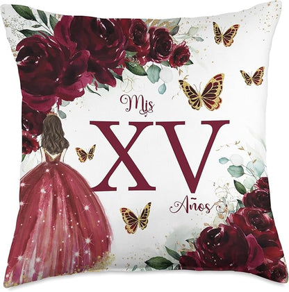 Chic Rich Burgundy Floral Quinceañera Mis XV 15 Años Throw Pillow
