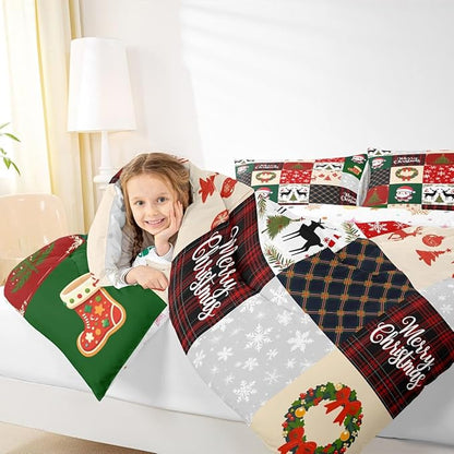 Merry Christmas Comforter Set Queen Size,Xmas Deer Santa Claus Pine Tree Bedding Set for Kids Girls Boys Red Green Grid Patchwork Plaid Quilt Set Winter Snowflake Duvet Insert,2 Pillowcases