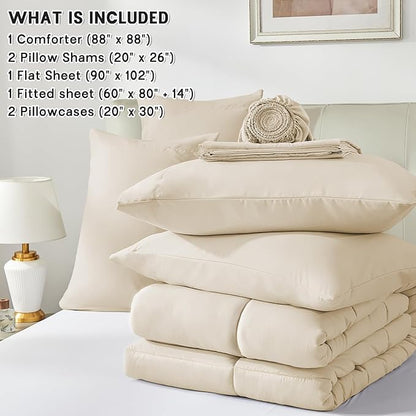 Anluoer Queen Comforter Set 7 Piece, Cream Bed in a Bag with Sheets, Comforters Queen Size Bedding Sets with 1 Comforter, 2 Pillow Shams, 2 Pillowcases, 1 Flat Sheet,1 Fitted Sheet
