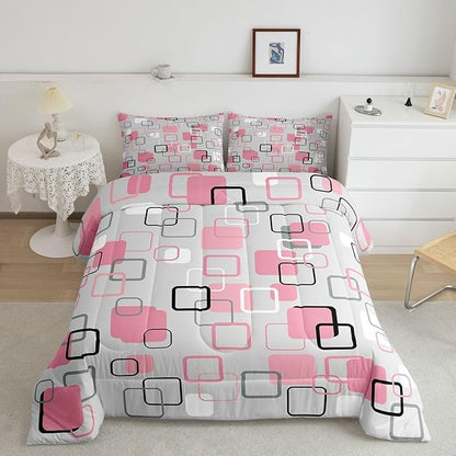 Erosebridal Pink Geometric Square Kids Comforter Sets Pink and Gray Striped King Bedding Set for Girls Boys Minimalist Art Aesthetic Comforter Set Modern Abstract Plaid Quilt Duvet 3 Pcs
