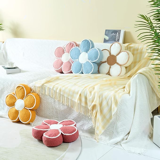 Sioloc Flower Shaped Pillow Daisy Pillows Floor Cushion Pastel Cute Seat Cushions Aesthetic Classroom Dorm Decorative Fun Throw Pillow for Bed,Couch(Yelllow,19.7")