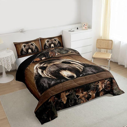 Erosebridal Grizzly Bear Comforter Set Rustic Hunting Bear Toddler Bedding Sets Kids Boys Teen Men Farmhouse Cabin Comforter Wildlife Animal Black Brown Quilt Duvet 2 Pcs