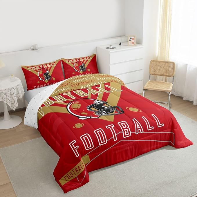 Feelyou Football Bedding Set Boys Girls Twin Size Comforter Set Sports Themed Women Men Football City Duvet Quilt Rugby Sports Red Brown Room Decor