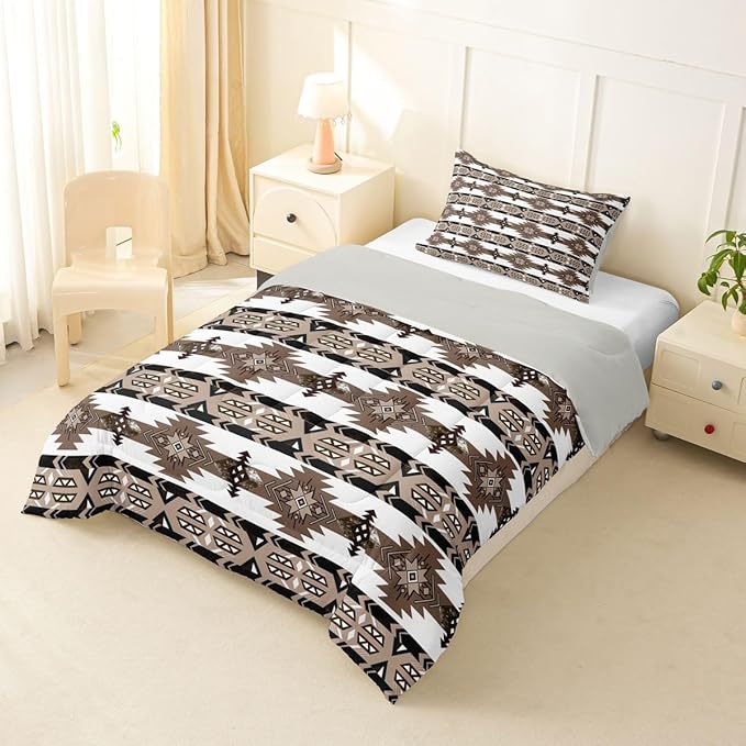 Erosebridal Southwestern Comforter Set Twin Bohemian Geometric Quilt, Ethnic Tribal Arrow Bedding Set Western Duvet Insert, Country Room Decor for Bedroom Brown