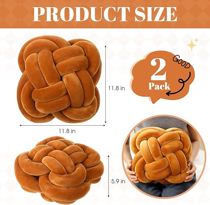 2 Pcs Knot Pillow Balls Set, 12 Inch Soft Decorative Throw Knot Pillow Ball, Large Square Knotted Floor Cushion for Living Room Bedroom Sofa Couch Bed Home Decoration(Caramel Brown)