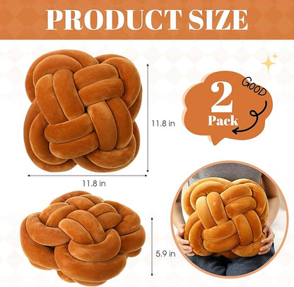 2 Pcs Knot Pillow Balls Set, 12 Inch Soft Decorative Throw Knot Pillow Ball, Large Square Knotted Floor Cushion for Living Room Bedroom Sofa Couch Bed Home Decoration(Caramel Brown)