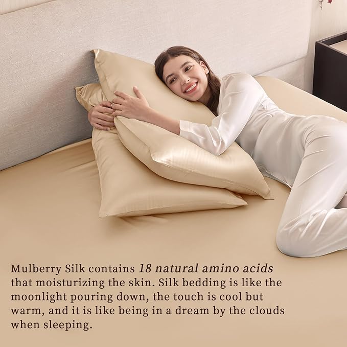 THXSILK 6A+ Top Grade 100% Pure Mulberry Silk Cal. King Fitted Sheet 3Pcs Set Bed Sheets Luxury Bedding for Hair and Skin Cooling Soft Durable, 1 Fitted Sheet with 2 Pillowcases, Champagne