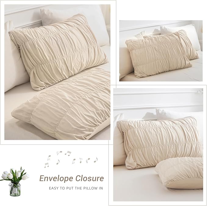 Lady Ann Oversized King Bed Comforter Set- Wheat Ruched Boho 128 x 120 Comforter Set for Bedroom, 3 Piece Fluffy Bedroom Set with Pillow Shams Soft All Season Bed Sets