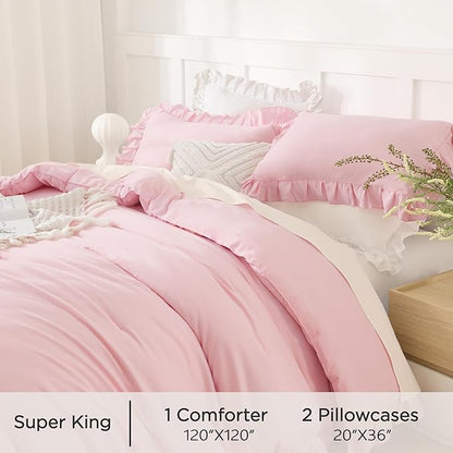 Andency Oversized King Ruffle Comforter Set 120x120, 3 Pieces Pink Lightweight Fluffy Super King Bedding Set, Shabby Chic Famhouse All Season Bed Set for Girls Women