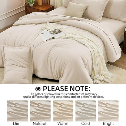 FUANNA Queen Comforter Set Beige, 7 Pieces Soft Bedding Sets Queen Size, All Season Lightweight Bed in a Bag with Comforter, Flat Sheet, Fitted Sheet, Pillowcases & Shams