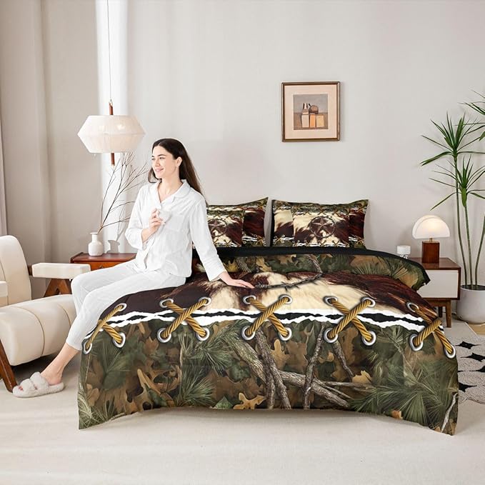 Rustic Bed in a Bag King Size Comforter Set 7-Piece,Cowhide Western Texas Star Bedding Sets Tree Leaves Hunting Comforter and Sheet Set, Woodland Animals Farmhouse Room Decor,Camo Cabin Country Decor