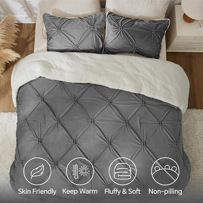 BEDELITE Pintuck Fluffy King Size Comforter Set - Super Soft Sherpa Grey Comforter for King Size Bed, Luxury Warm Bedding Set for Winter, Fuzzy Bed Set 3 Pieces (1 Comforter, 2 Pillowcases)