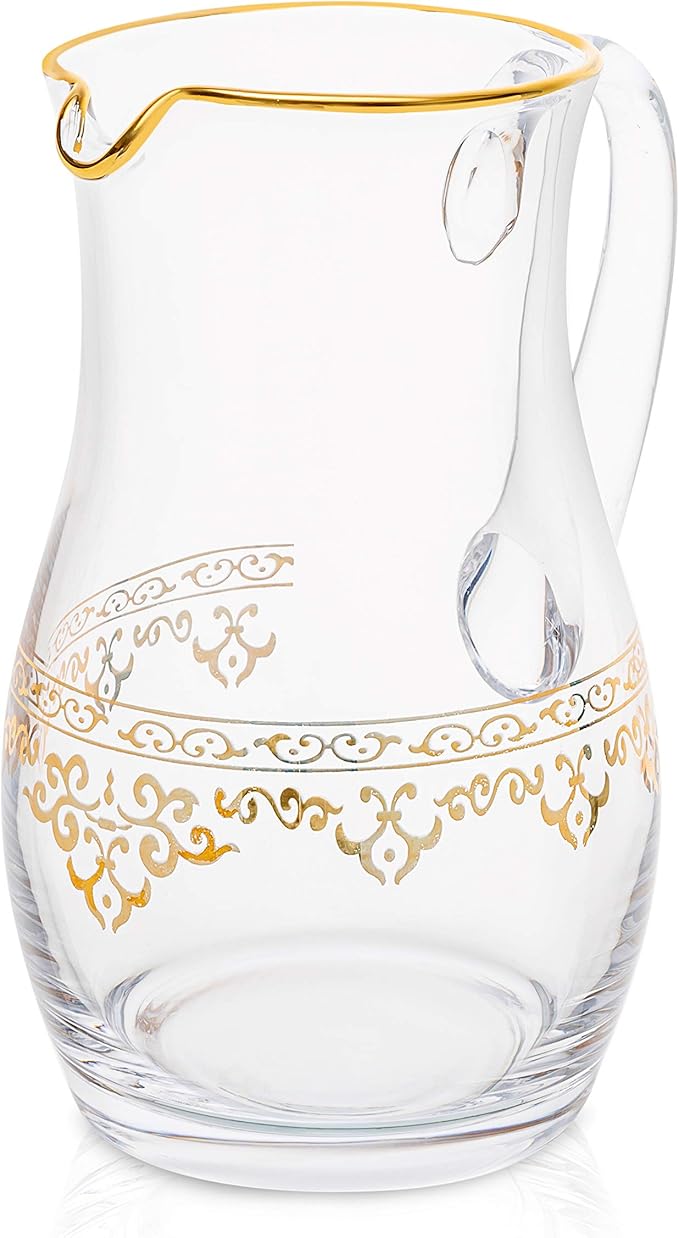 Glass Water Pitcher with Rich Gold Design on Outer- Fills 64 oz.- 9"H x 4.5"D