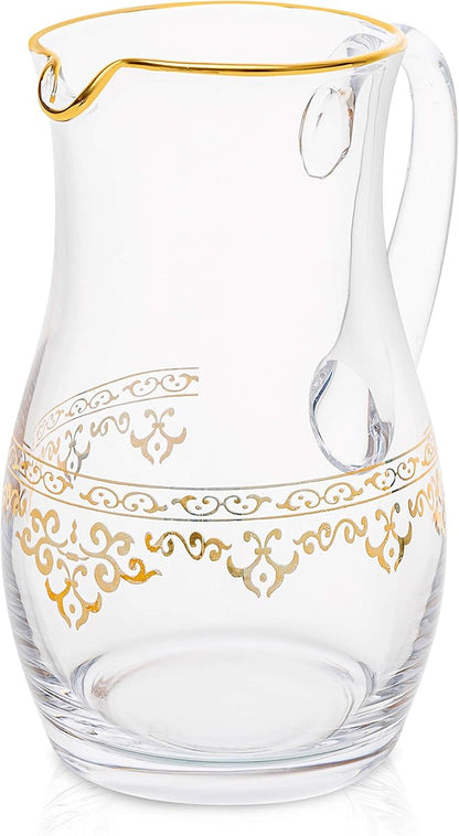 Glass Water Pitcher with Rich Gold Design on Outer- Fills 64 oz.- 9"H x 4.5"D