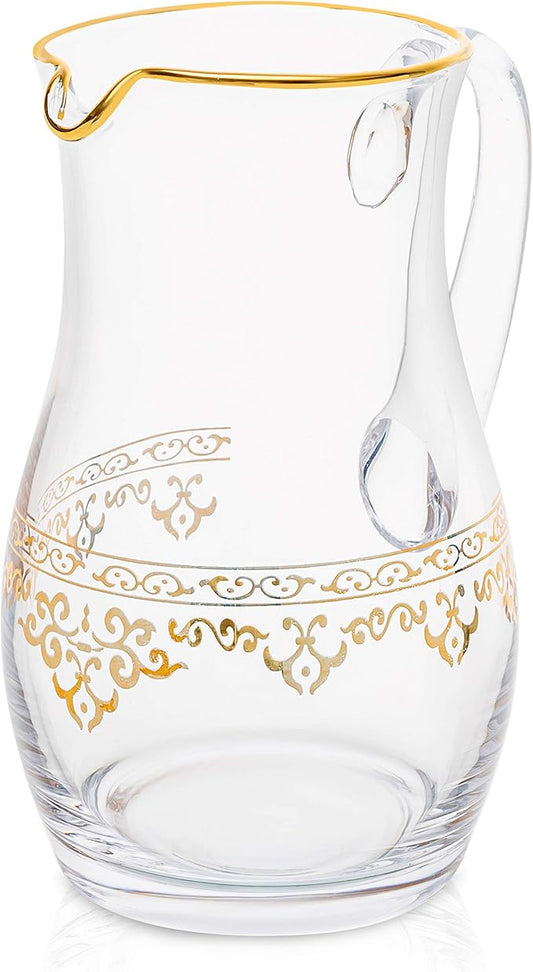 Glass Water Pitcher with Rich Gold Design on Outer- Fills 64 oz.- 9"H x 4.5"D