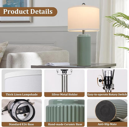TOBUSA 23.5’’ Modern Green Ceramic Table Lamps Set of 2 for Living Room, Farmhouse Ceramic Bedside Nightstand Lamps for Bedroom, Vintage Decorative Boho Lamps for Home End Table Dorm Office
