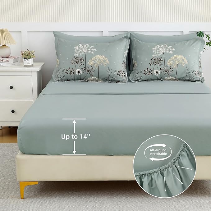 Yiran Dusty Blue Floral Comforter Set Queen Size, 7 Piece Dandelion Botanical Comforter Bedding Set, Bed in a Bag Queen, Soft Microfiber Complete Bedding Set with Sheets for All Season