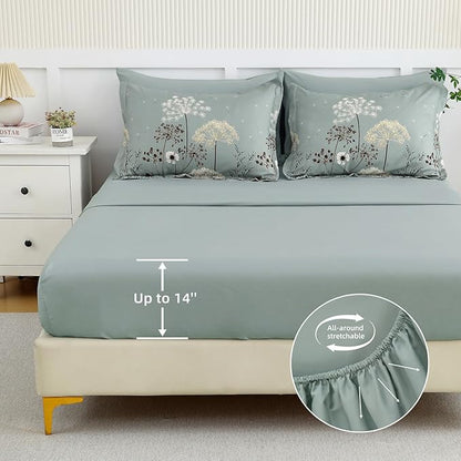 Yiran Dusty Blue Floral Comforter Set King Size, 7 Piece Dandelion Botanical Comforter Bedding Set, Bed in a Bag King, Soft Microfiber Complete Bedding Set with Sheets for All Season