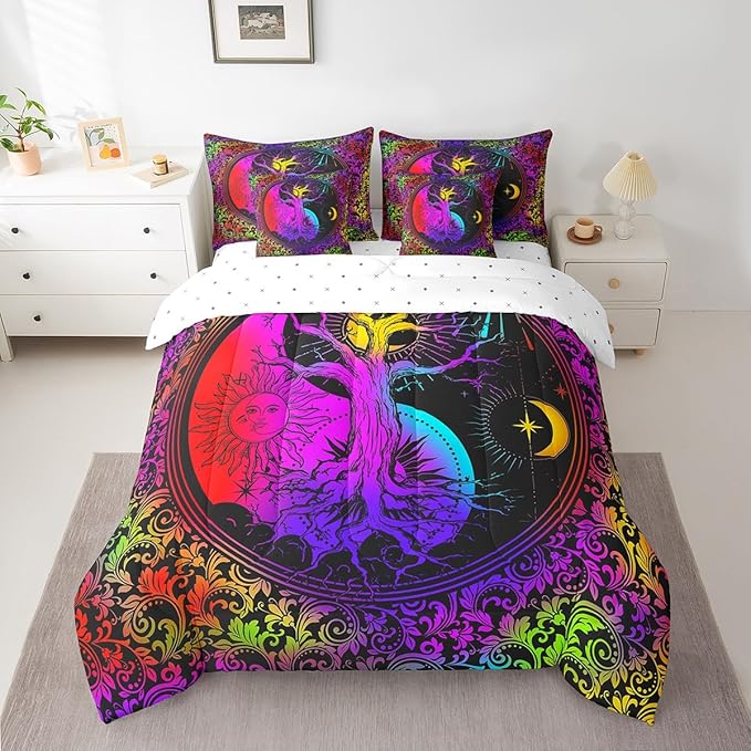 Feelyou Galaxy Life Tree Bedding Set with Comforter, Twin Size 7Pcs Sun Moon Comforterative Colorful Boho Exotic Bed in a Bag with Comforter, Astrology Space Room Decor