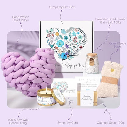 Sympathy Gift Baskets for Loss of Loved One Mother Father Husband Mom Dad, Memorial Condolences Bereavement Grief Gifts for Loss, Miscarriage Gifts for Mothers Women Care Package Box w/Purple Pillow