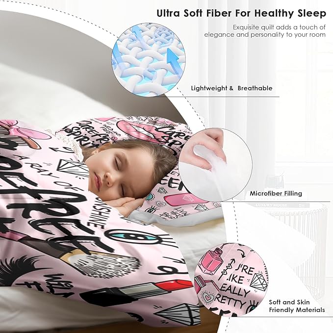 Comforter Set King Size, Makeup Pink Queen Soft 3 Pcs Bedding for Kids and Adults, Women Diamond Cute Comforter Set with Pillowcase, for Bedroom Bed Decor