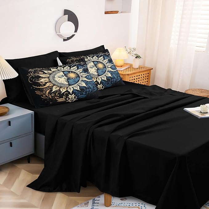 Sun and Moon Comforter Set Black Boho Bedding Set Celestial Galaxy Starry Space Bedding Comforter Mandala Exotic Black Bed in A Bag Queen Size