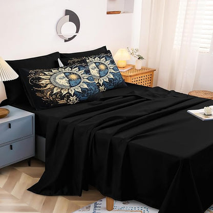 Sun and Moon Comforter Set Black Boho Bedding Set Celestial Galaxy Starry Space Bedding Comforter Mandala Exotic Black Bed in A Bag Queen Size