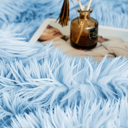JONIYEAR Extra Large Decorative Fluffy Faux Fur Blanket Queen Size 80" x 90", Soft Luxury Lightweight Furry Blankets, Solid Cozy Shaggy Plush Thick Warm Fuzzy Blankets for Winter Bed Couch, Blue