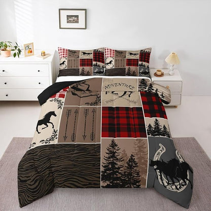 Erosebridal Rustic Patchwork Comforter Twin, Retro Horse Bedding Set for Kids Teens Adult Checkered Buffalo Plaid Comforter Set Southwestern Riding Boots Horseshoe Duvet Insert Farmhouse Decorations
