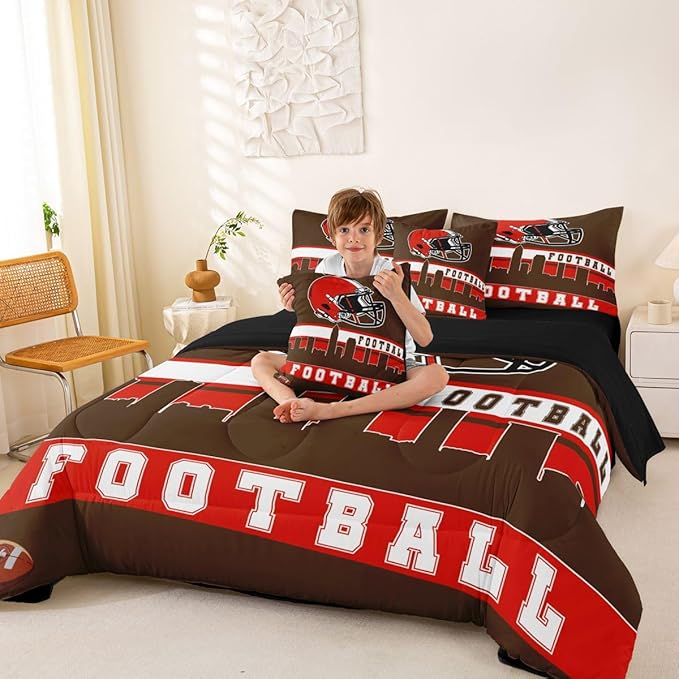 Erosebridal Football City 7 Pcs Comforter Set Full Football Bedding for Boys Girls Brown Red Rugby Game Sheet Set Bed in A Bag Football Fans Bedroom Decor Sports Ball Team Quilt