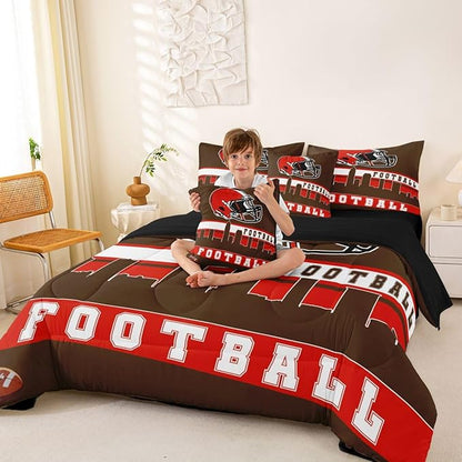 Erosebridal Football City 7 Pcs Comforter Set Queen Football Bedding for Boys Girls Brown Red Rugby Game Sheet Set Bed in A Bag Football Fans Bedroom Decor Sports Ball Team Quilt