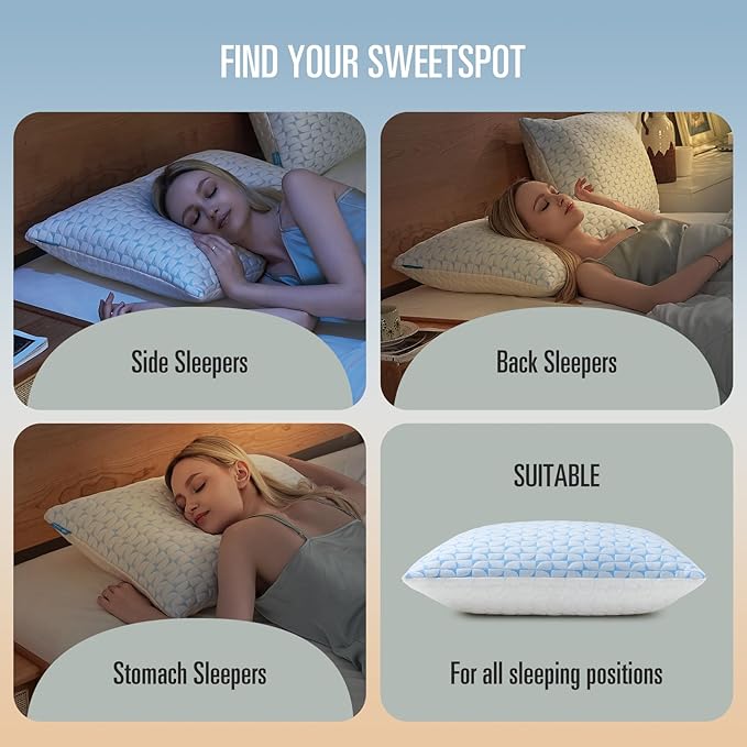QUTOOL Firm Pillow Shredded Memory Foam, Cooling Pillow for Hot Sleeper, Adjustable Bed Pillow for Side Back Stomach Sleepers, Washable Cover, CertiPUR-US Certified, Queen Size Set of 2