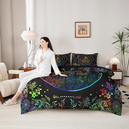 Erosebridal Life Tree 7 Piece Bedding Set Full Size,Sun and Moon Bed in a Bag,Exotic Neon Trees Bed Set Includes Comforter, Sheet Set, Pillowcases & Pillow Covers All Season Bedroom Decor