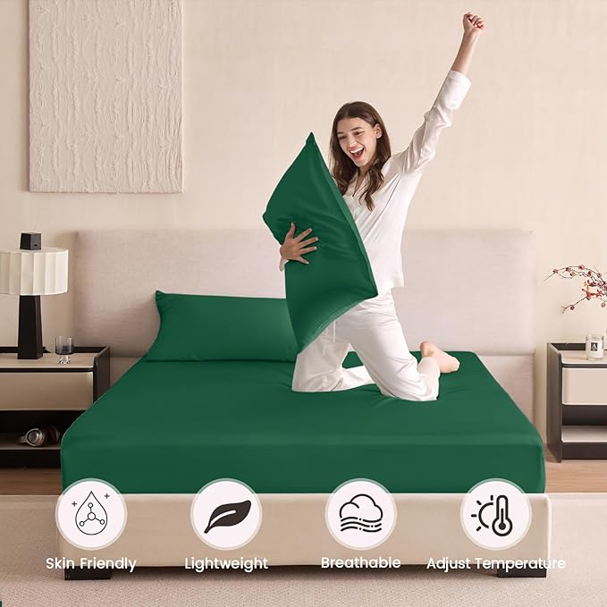 THXSILK 6A+ Top Grade 100% Pure Mulberry Silk King Fitted Sheet 3Pcs Set Bed Sheets Luxury Bedding for Hair and Skin Healthy Natural Materials, 1 Fitted Sheet with 2 Pillowcases, Emerald Green