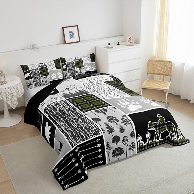 Erosebridal Rustic Farmhouse Comforter Set Toddler,Western Cowboy Bedding for Boys Girls Western Bedroom Decor,Sage Green Plaid Grid Duvet Insert,Bear Wildlife Hunting Theme Quilt Comforter 2Pcs