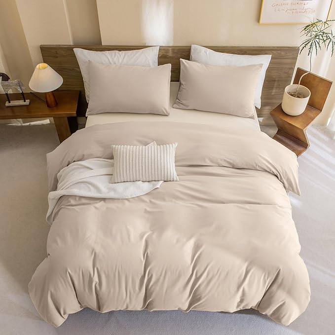 CozyTide Cotton Queen Comforter Set,Solid Lightweight Fluffy Beige Khaki Bedding Comforters & Sets Vintage Aesthetic Queen Bedding Set for All Season