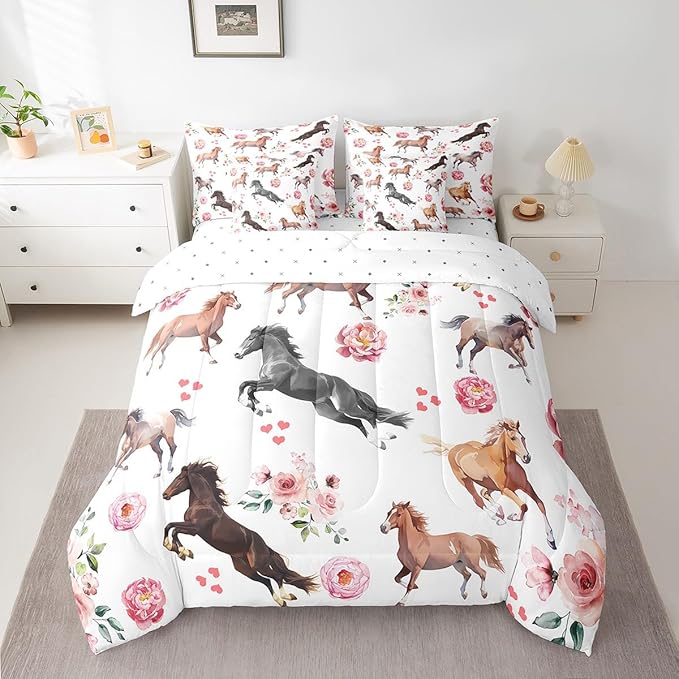 Erosebridal 7 Pcs Horse Comforter Set Twin Size,Romantic Cowboy Cowgirl Bed in a Bag with Flat Sheet and Fitted Sheet for Kids and Adults,Pink Rose Horse Bedding Set with Pillowcases and Cushion Cases