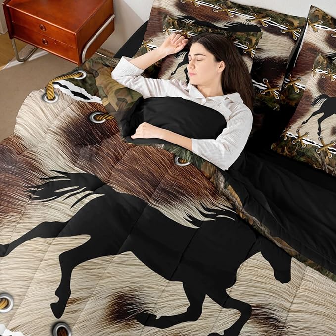 Erosebridal Camo Queen Comforter Set with Sheets | Western Horse 7 Piece Bedding Set Mens Camouflage Country Bed in a Bag, Farmhouse Woodland Animals Room Decor,Rustic Cabin Decor Camo Bed Set