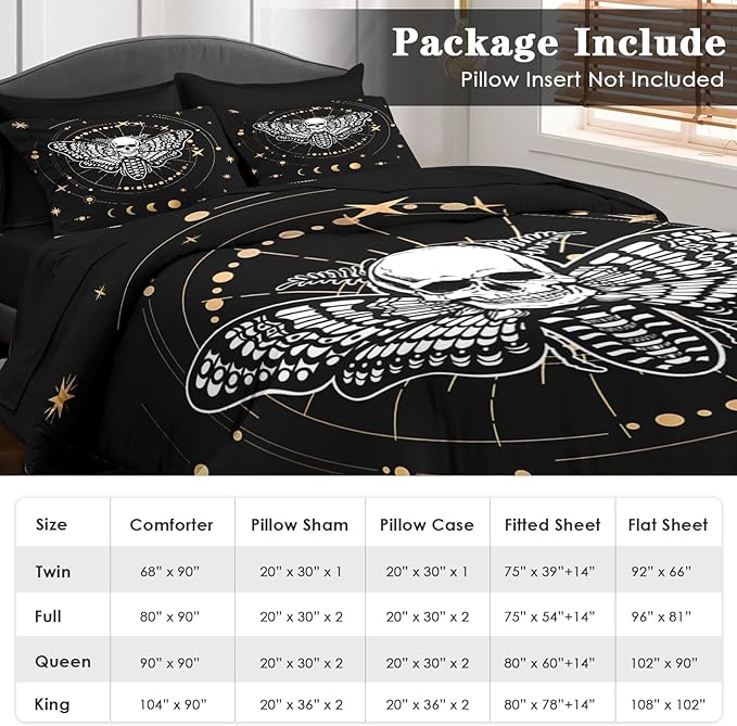 Comforter Set Twin Size, Moth Dead Sun Moon 5 Pcs Bedding for Adults, Animal Butterfly Bed Sheet Sets with Fitted Sheet Pillowcase & Sham for Bedroom Bed Decor