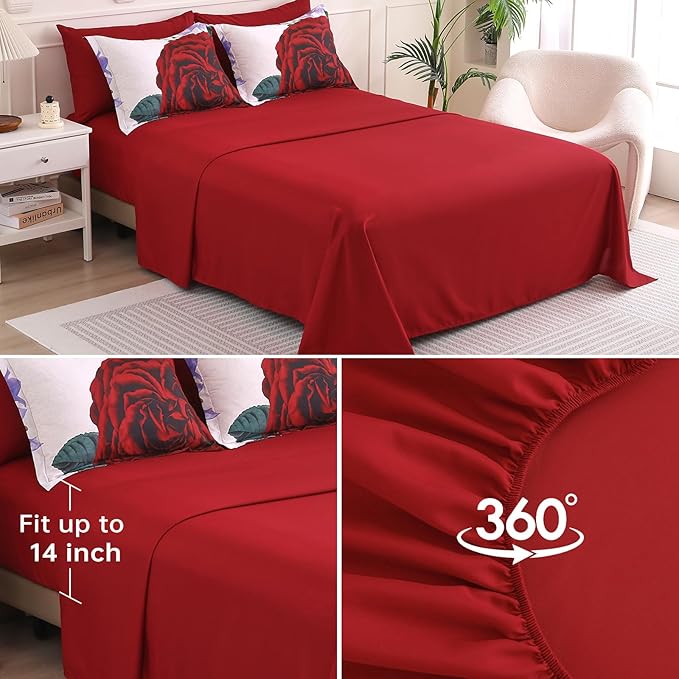 Drucon Red Floral Comforter Queen Size 7 Pieces Valentine's Day Bedding Sets Bed in a Bag, Botanical Floral Comforter with Sheet Set, Soft Microfiber Bedding Set for All Season (Red, 90"x90")